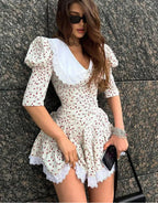 Ditsy Floral Print Eyelet Lace Collar Puff Sleeve Ruffle Hem Mini Dress