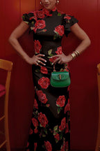 Cheongsam Style Rose Floral Print Tiered Flare Sleeve Stretch Maxi Dress