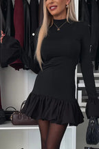 Print Mock Neck Bell Sleeve Ruffle Hem Stretch Mini Dress