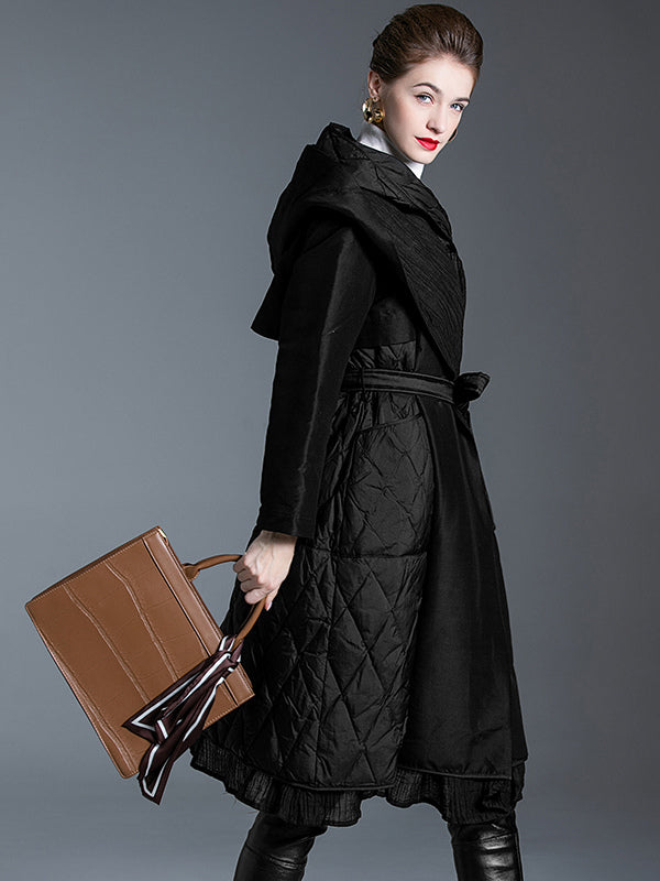 Black Down Coat Hooded Belted Long Winter Outerwear For Women