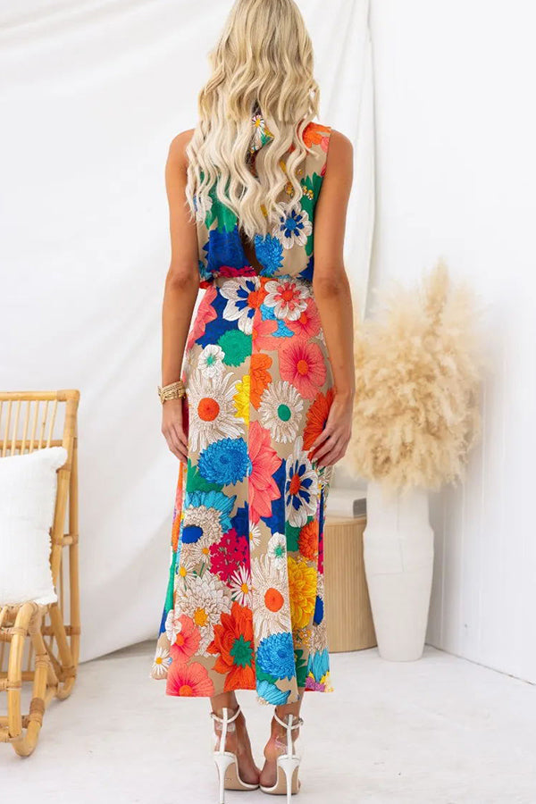 Large Floral Print Halter Neck Midi Skirt Set