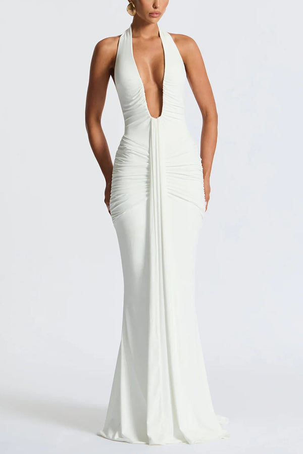 Solid Color Elegant Halterneck V-neck Open Back Tie Gathered Maxi Dress