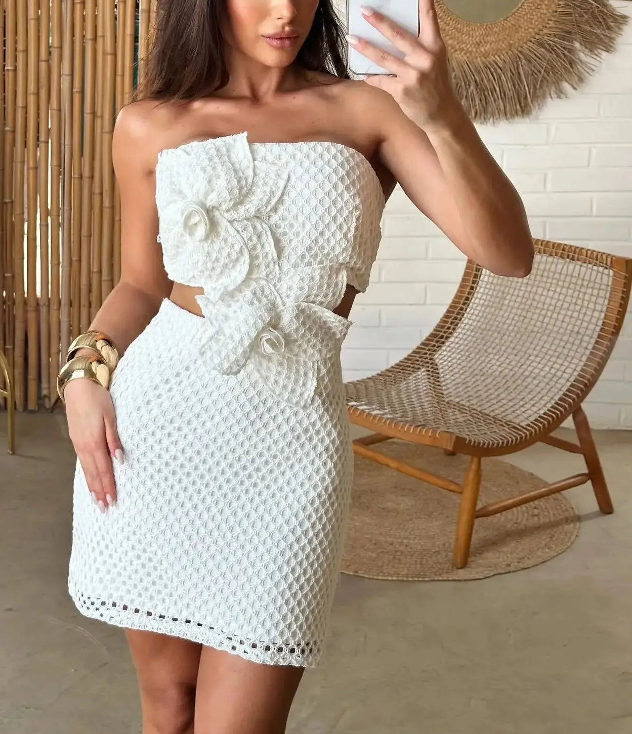 Honeycomb Knit 3D Flower Applique Waist Cut Out Strapless Mini Dress