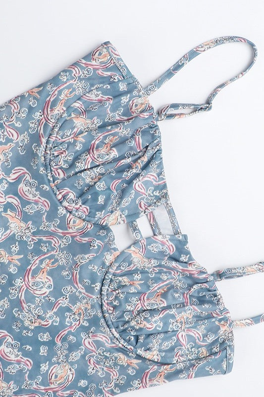 Blue Spaghetti Strap Bustier Cutout Paisley Print Bodycon Maxi Dress