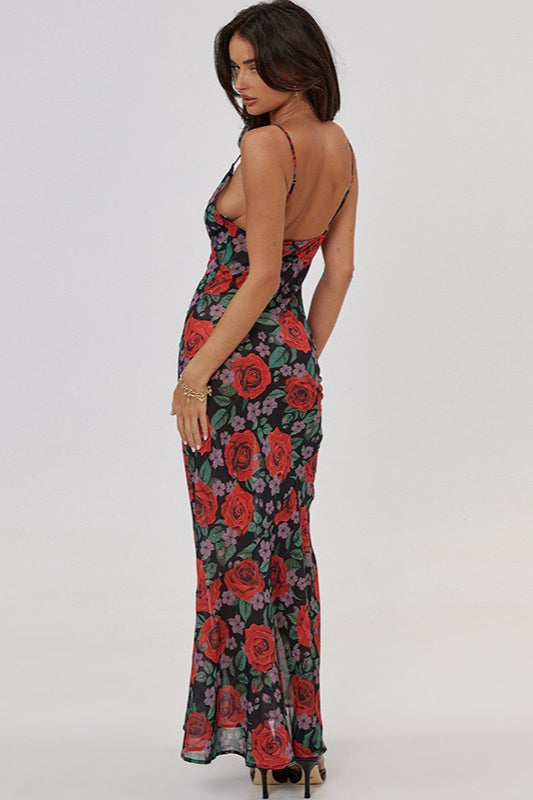 Red Spaghetti Strap Cowl Neck Floral Print Bodycon Maxi Dress