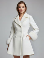 White double-breasted wool Blend coat with wide lapel And Faux fur cuffs For Women 2026