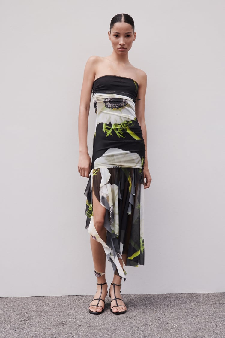 Strapless Ruched Large Floral Print High-Low Ruffle Hem Maxi Dress