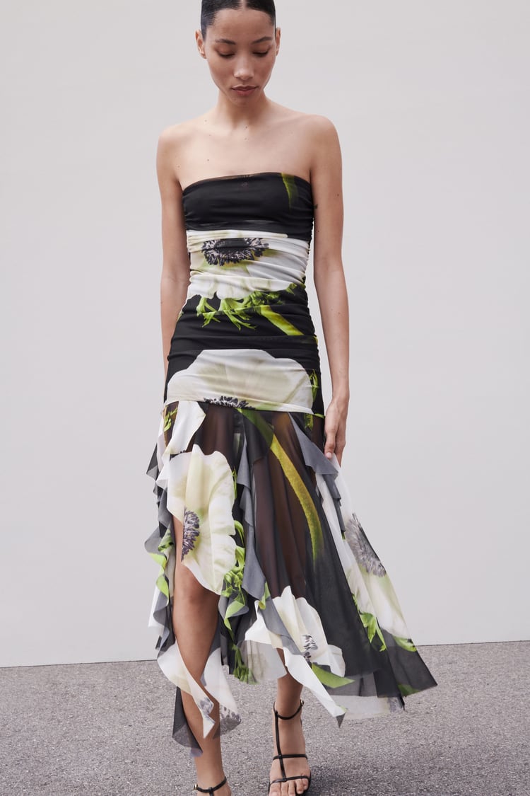 Strapless Ruched Large Floral Print High-Low Ruffle Hem Maxi Dress
