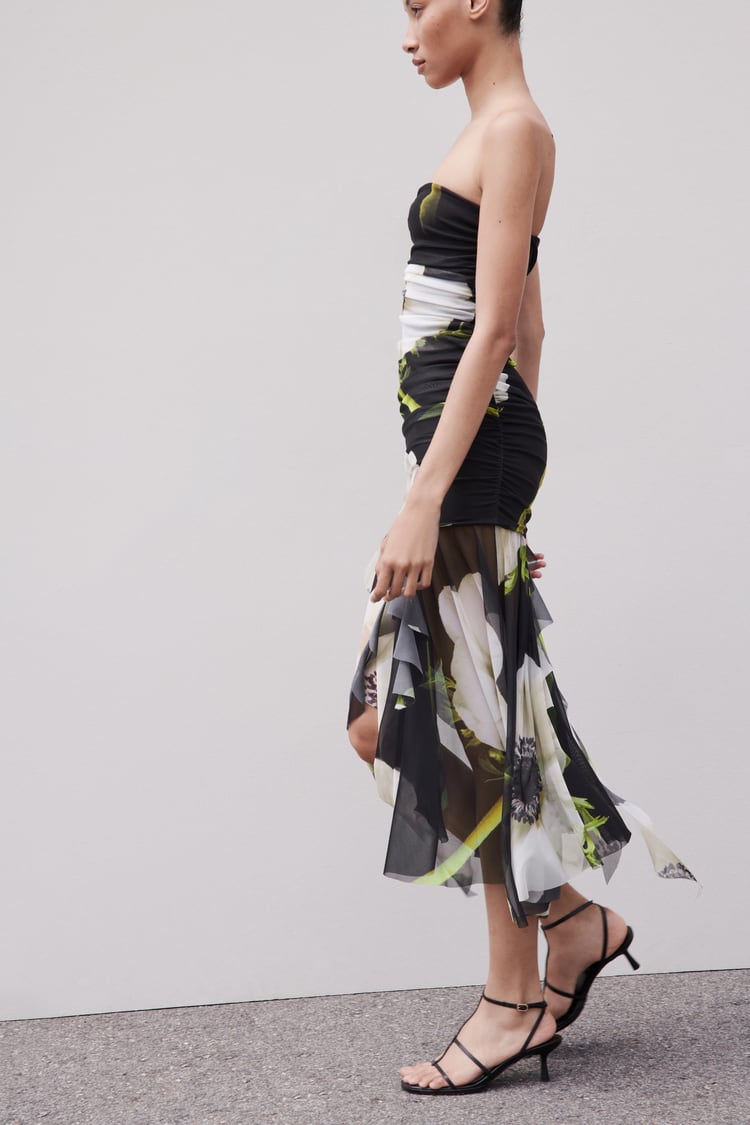 Strapless Ruched Large Floral Print High-Low Ruffle Hem Maxi Dress