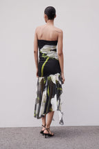 Strapless Ruched Large Floral Print High-Low Ruffle Hem Maxi Dress