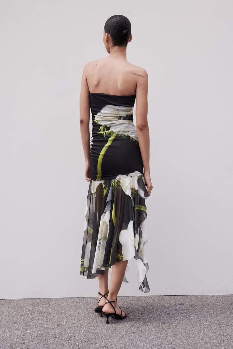 Strapless Ruched Large Floral Print High-Low Ruffle Hem Maxi Dress