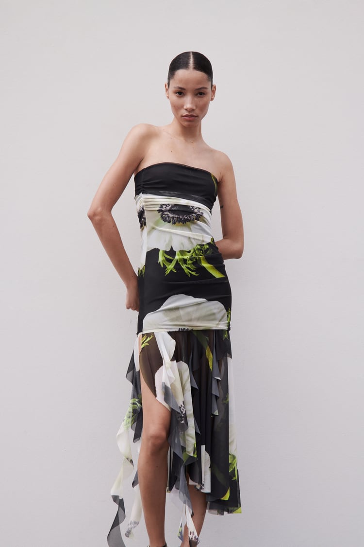 Strapless Ruched Large Floral Print High-Low Ruffle Hem Maxi Dress