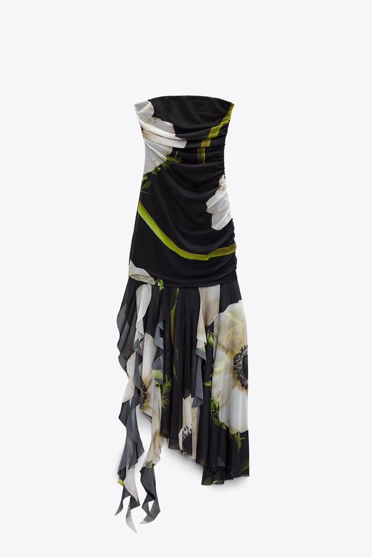 Strapless Ruched Large Floral Print High-Low Ruffle Hem Maxi Dress