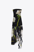 Strapless Ruched Large Floral Print High-Low Ruffle Hem Maxi Dress