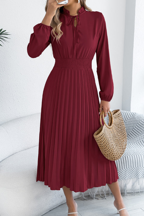 Solid Color Long-sleeved Fitted Waist Pleated Elegant Midi Dress