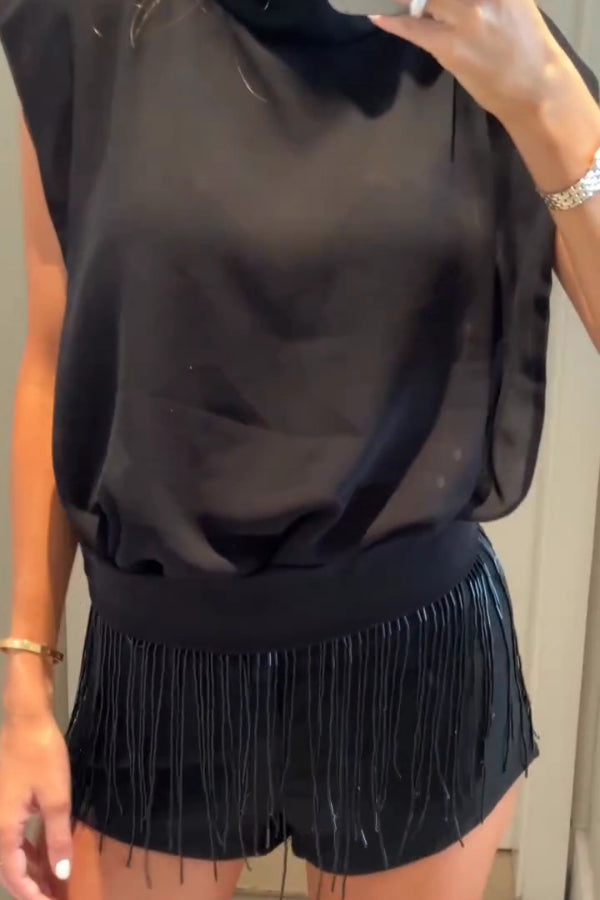 Solid Color Sleeveless Stand-up Collar Top and Casual Fringed Shorts Set