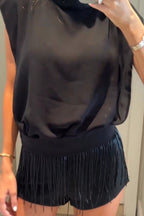 Solid Color Sleeveless Stand-up Collar Top and Casual Fringed Shorts Set