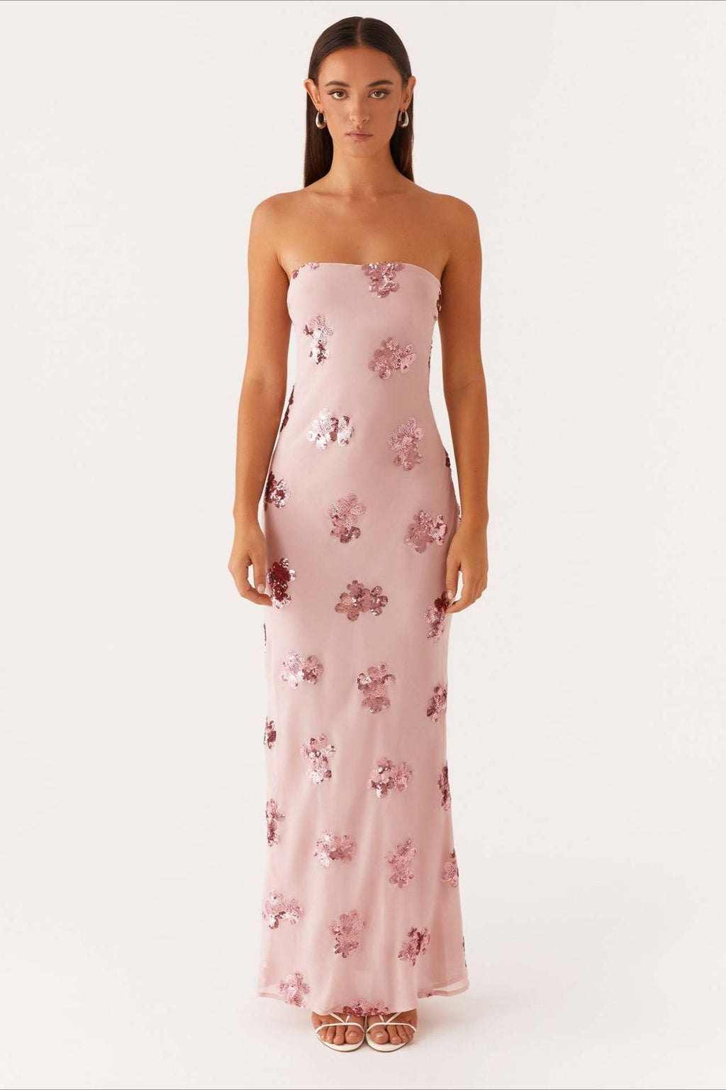 Pink Strapless Sequin Floral Embroidery Column Maxi Dress