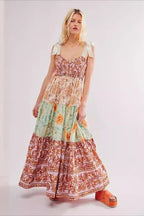Gingham Patchwork Floral Print Boho Dress