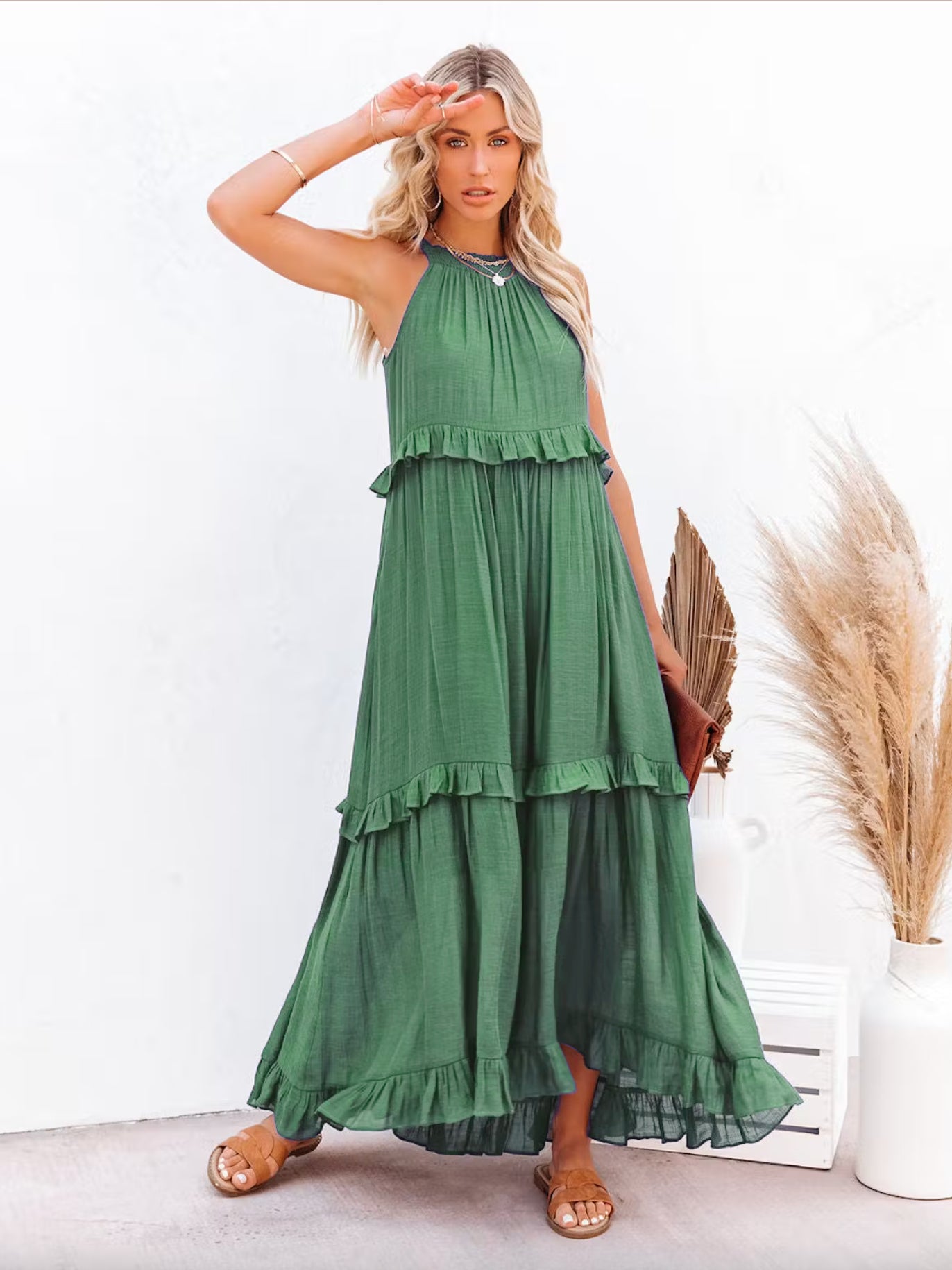 Boho Halter Neck Maxi Shift Dress for Women - Ruffle Tiered Flowy Sun Dress - Summer Beach Vacation 2026