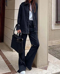 Navy Blue Button Pockets Trousers Office Two Piece Set