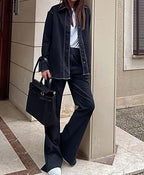 Navy Blue Button Pockets Trousers Office Two Piece Set