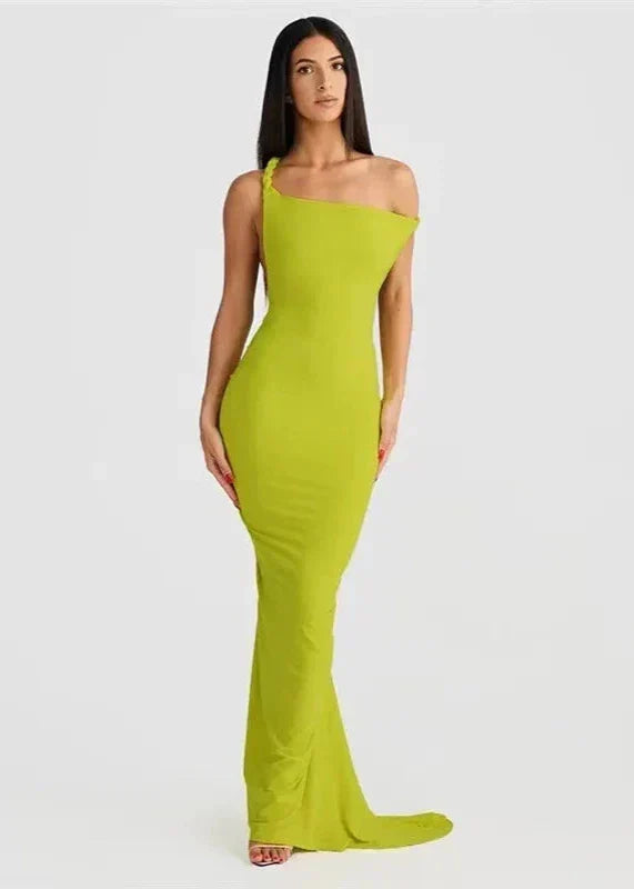 One-Shoulder Twisted Strap Folded Neckline Bodycon Maxi Dress