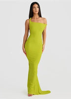 One-Shoulder Twisted Strap Folded Neckline Bodycon Maxi Dress