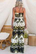Unique Print Casual Spaghetti Strap High Waist Resort Loose Wide Leg Jumpsuit