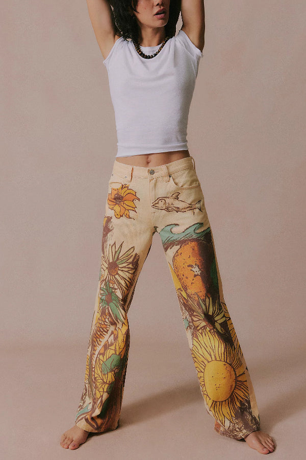 We The Free Denim Playful Doodle Printed Mid Rise Pocket Wide Leg Jeans
