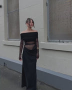 Obsidian Veil - Off-Shoulder Mesh Drape Dress