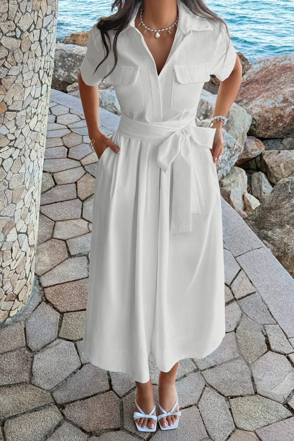White Collared Button Up Flap Pocket Tie Waist Pleated Midi Shirt Dress