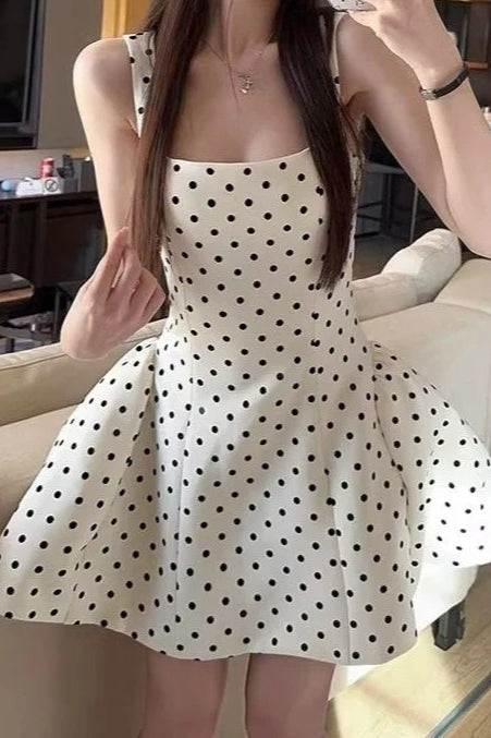 Polka Dot Square Neck Tank Strap Fit and Flare Bubble Hem Mini Dress