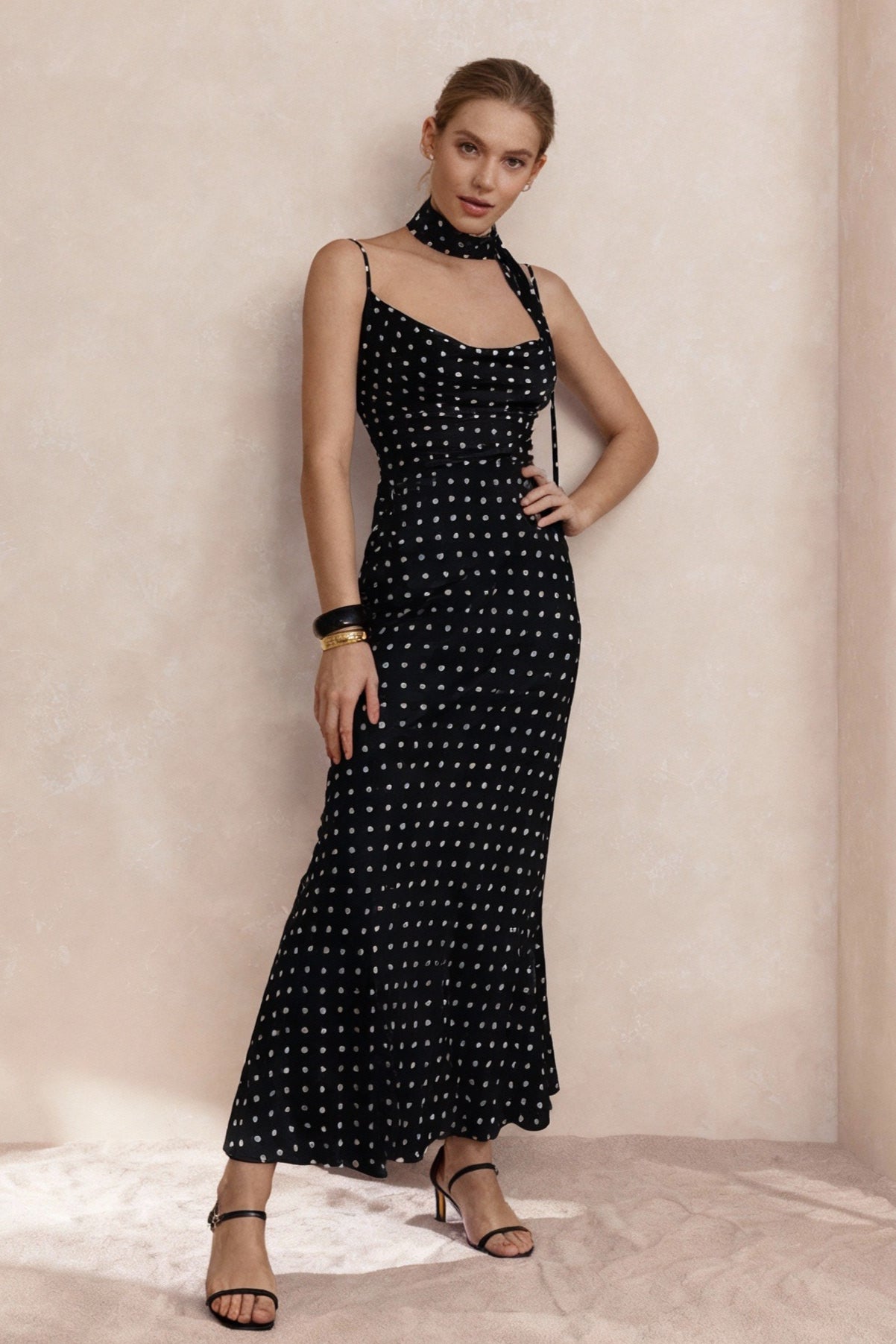 Polka Dot Spaghetti Strap Scoop Neck Maxi Dress With Neck Scarf
