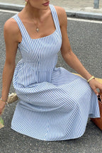Square Neck Vertical Stripe Dropped Waist A Line Midi Dress