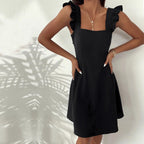 Square Neck Ruffle Shoulder Strap Back Bow Tie Fit and Flare Mini Dress