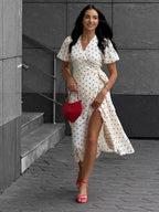 Pure Cotton Bandage Wrap-up Puff Sleeve Printed Comfort Maxi Dresses