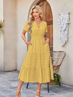 V-neck, Gathered, Puff Sleeve, Full Skirt, Short-sleeved Long Dress