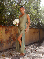 Satin Off-shoulder Pleated Waist Long Dress