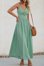 Twist V Neck Tie Back Cut Out Swing Maxi Cami Dress