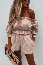 Ruffle Off Shoulder Short Sleeves Crop Top Elastic Waist Shorts Set