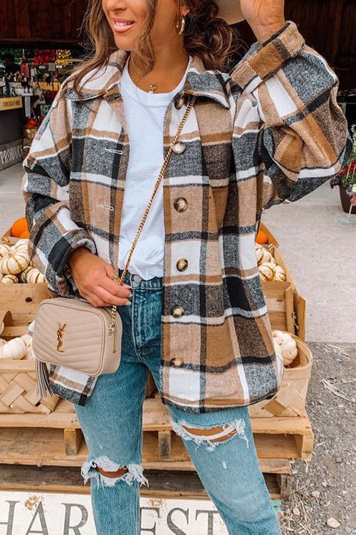 Drop Shoulder Button Up Plaid Shirt Coat