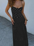Polka Dot Retro Pleated Long Dress With A Halter Neck