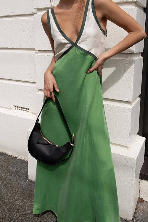 V Neck Color Block Sleeveless Maxi Swing Dress