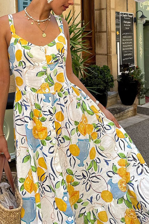 Button Down Printed A-line Ruffle Midi Sundress