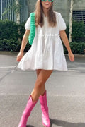 Puff Sleeves Button Down Ruffle Tiered Mini Shirt Dress