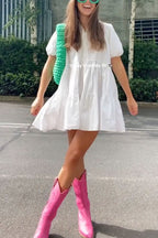 Puff Sleeves Button Down Ruffle Tiered Mini Shirt Dress