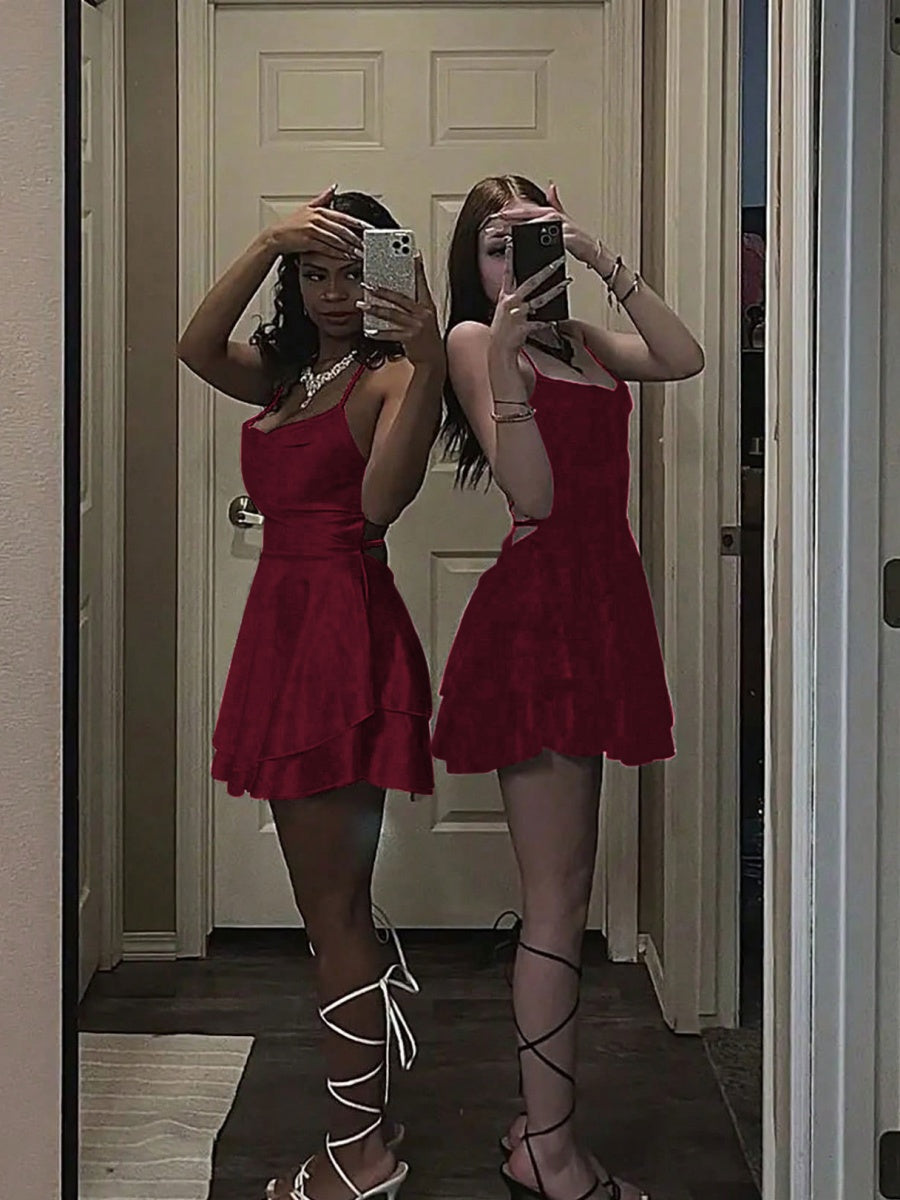 Camisoles Swing Collar Backless Drawstring Mini&Short Dresses