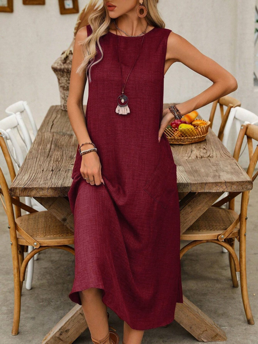 Pullover Crew Neck Sleeveless Pocket Solid Color Midi Dresses