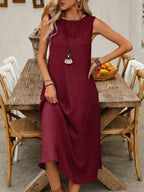 Pullover Crew Neck Sleeveless Pocket Solid Color Midi Dresses